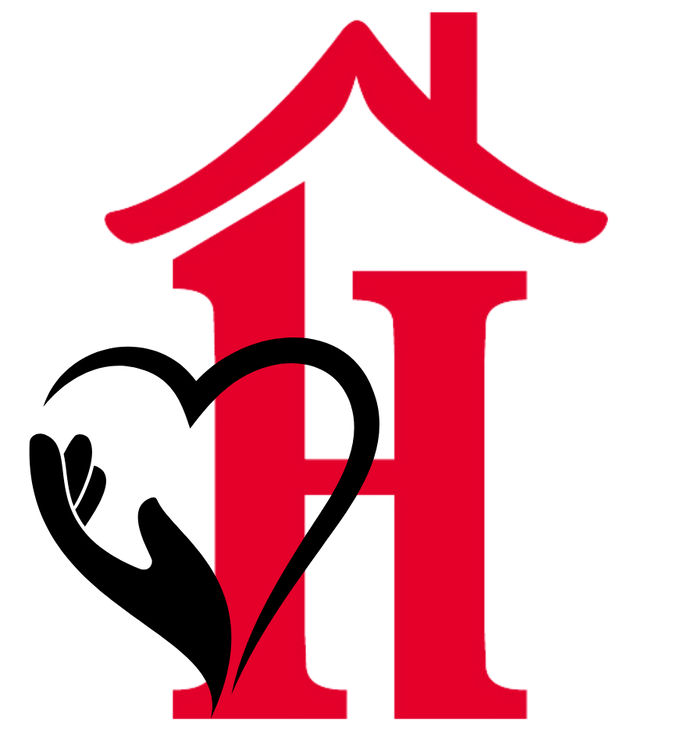 Red H with roof and a black heart with caring hands