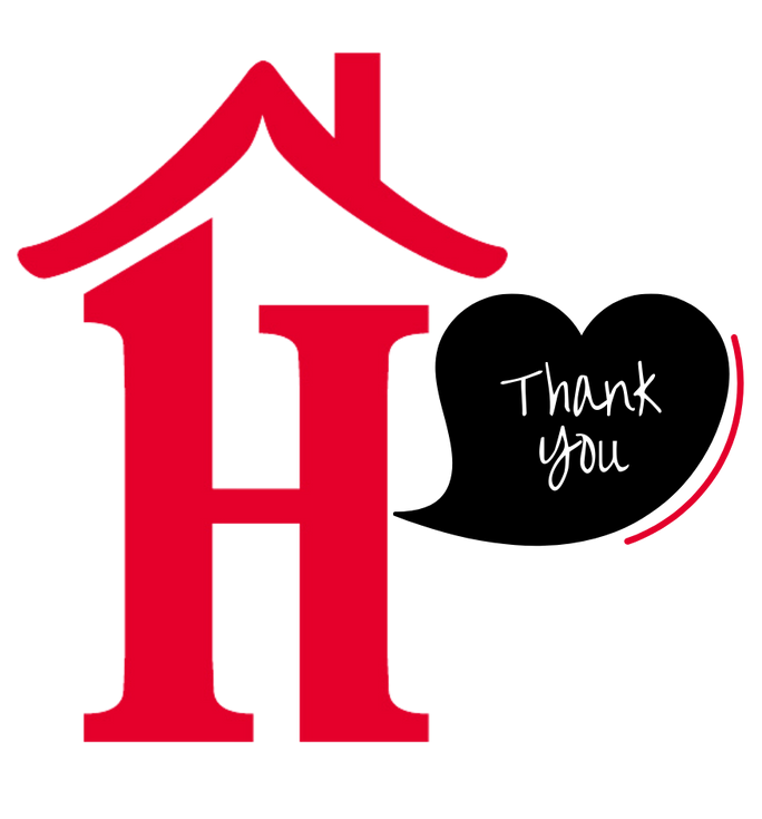 Little Red House red H with Roof and a black heart saying Thank You